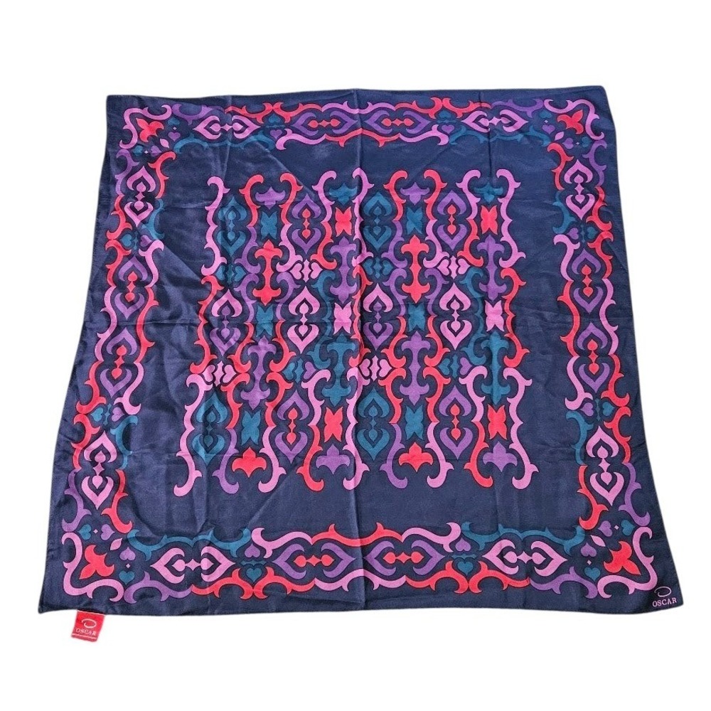 Oscar de la Renta Silk Scarf Navy Blue Pink Purple Scroll Damask Square